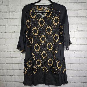 WOMENS LILY BY FIRMIANA BLACK LACE SHEER DRESS GOLD FLOWERS BELL SLEEVE XL